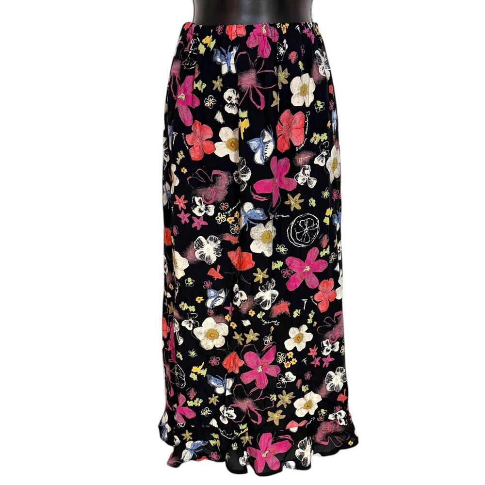 VTG 90s FIRST BLOOM RAYON MIDI SKIRT BLACK FLORAL WHIMSIGOTH COTTAGE GRUNGE 10